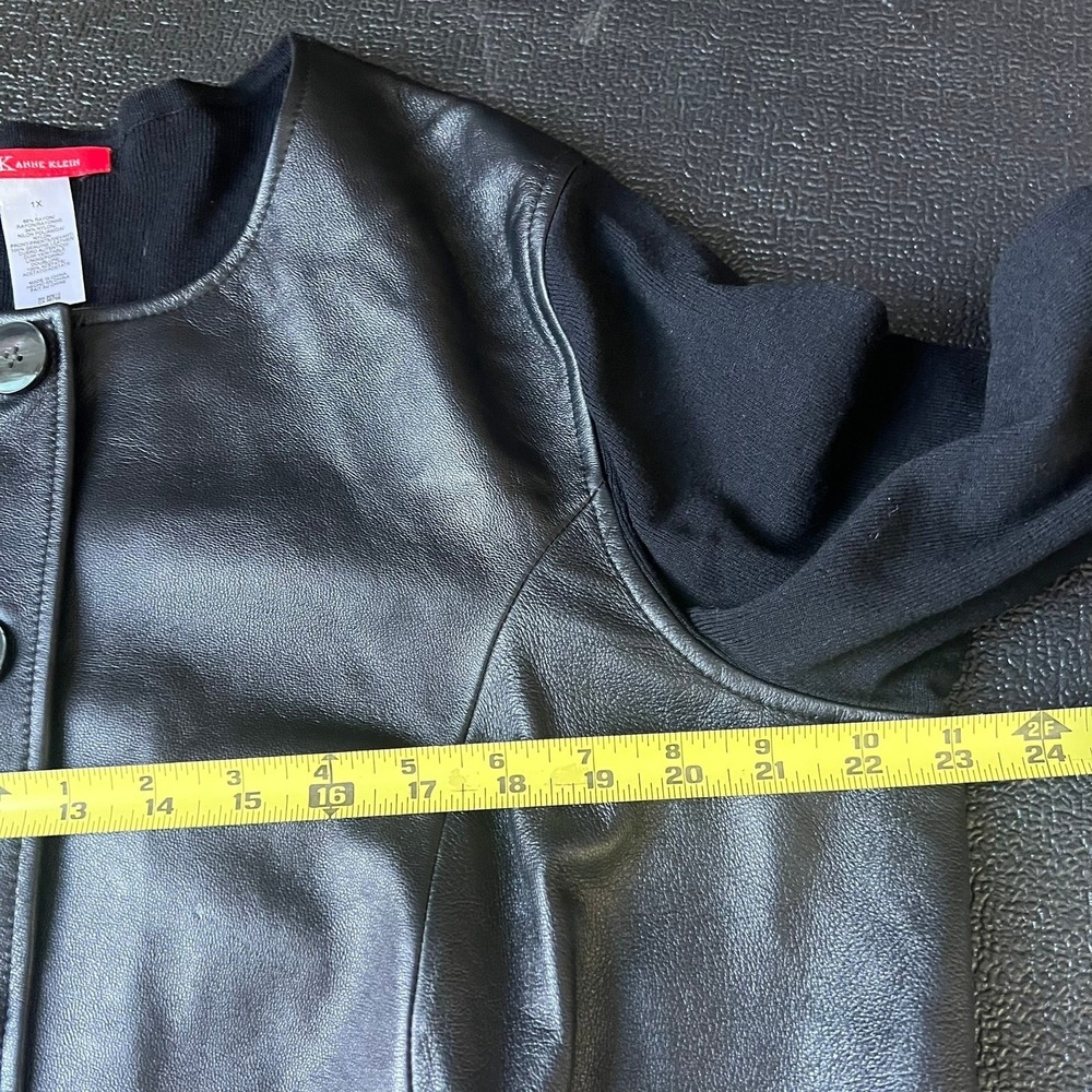 Anne Klein Black Rib Knit Leather Front Cardigan Sweater 1X Business Office Chic - Picture 5 of 7